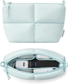 Comfyable Puffy Electronics Organizer Travel Case, Cute Tech Pouch for Women Men, Cable Storage Bag for Charger, Phone, Power Bank, Cord, Compact Tech Accessories Pouch, Ice Blue