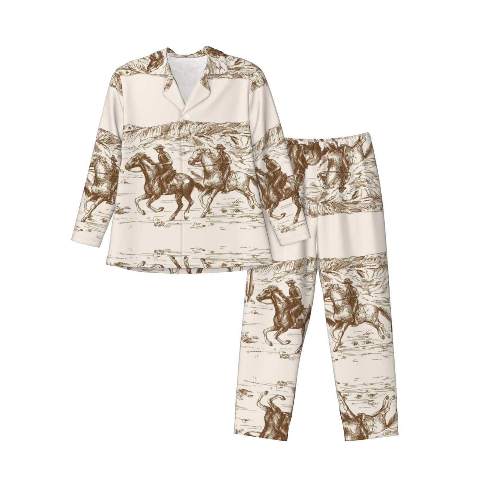 MLTRFGJ West Desert Cactus With Cowboys Riding Horses Printed Men'S Long Sleeved Pajama Set, Comfortable And Fashionable Pajamas Black