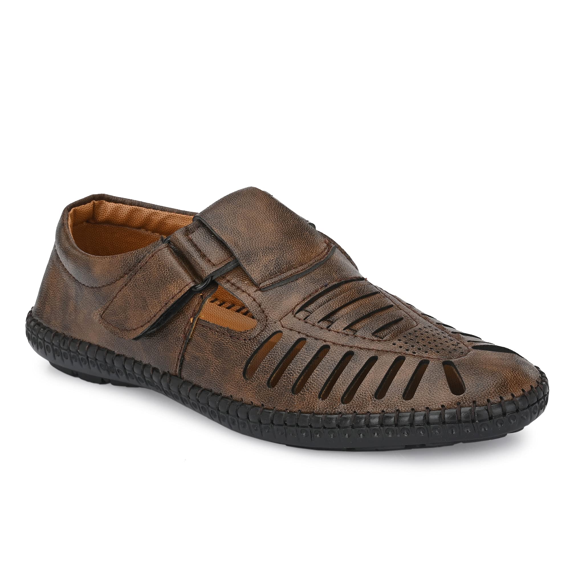 Men's Laser Cut and Stitched Roman Sandal with Buckle Strap-image-39