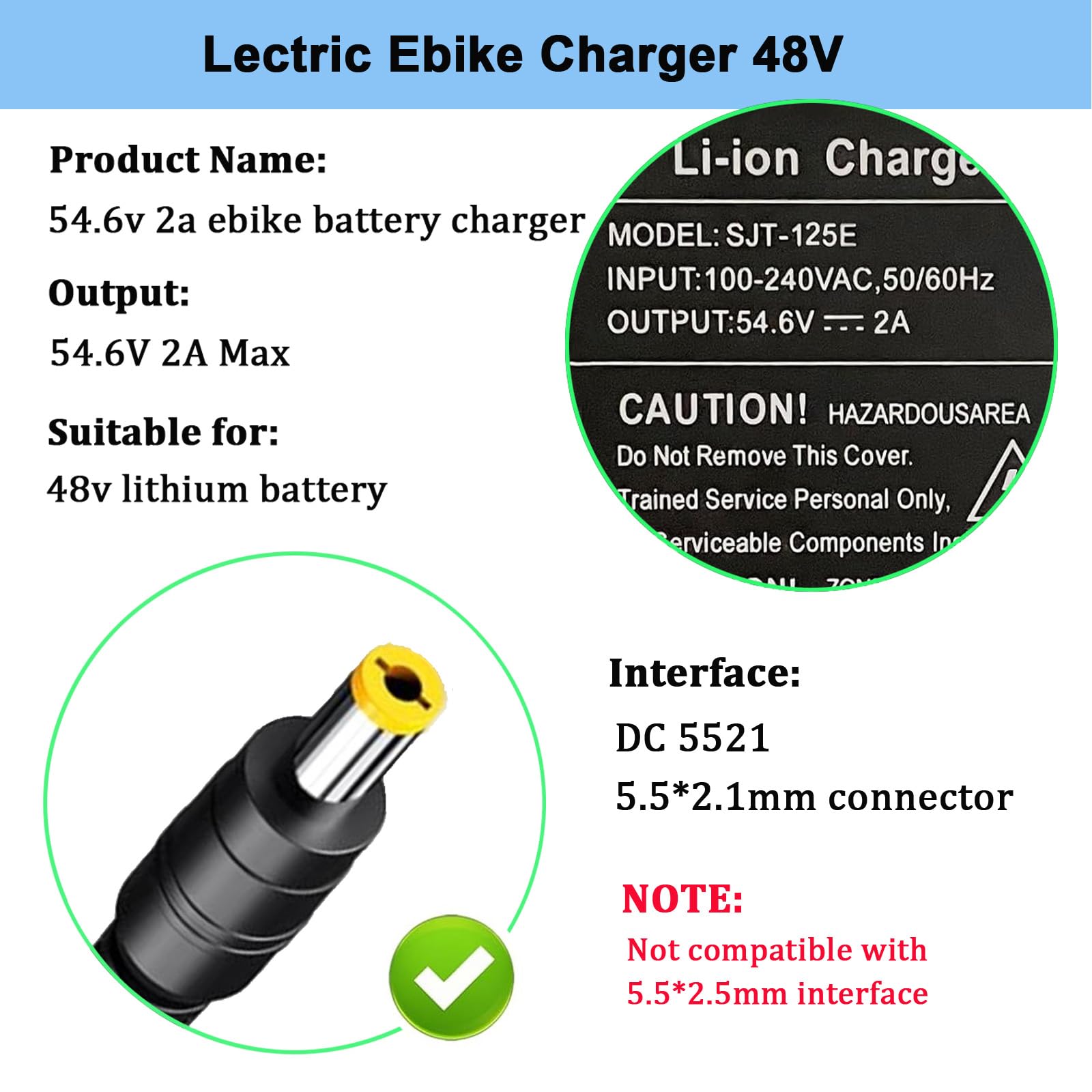 Suptopone Lectric Ebike Charger 48V, 54.6V 2A Ebike Battery Charger for 48V Lithium Battery, Electric Bicycle Power Adapter with DC2.1 Jack Connector