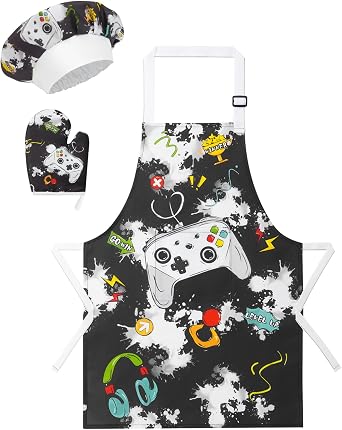 WERNNSAI Kids Apron Set for Girls Boys - Art Cooking Apron with Hat Oven Mittens