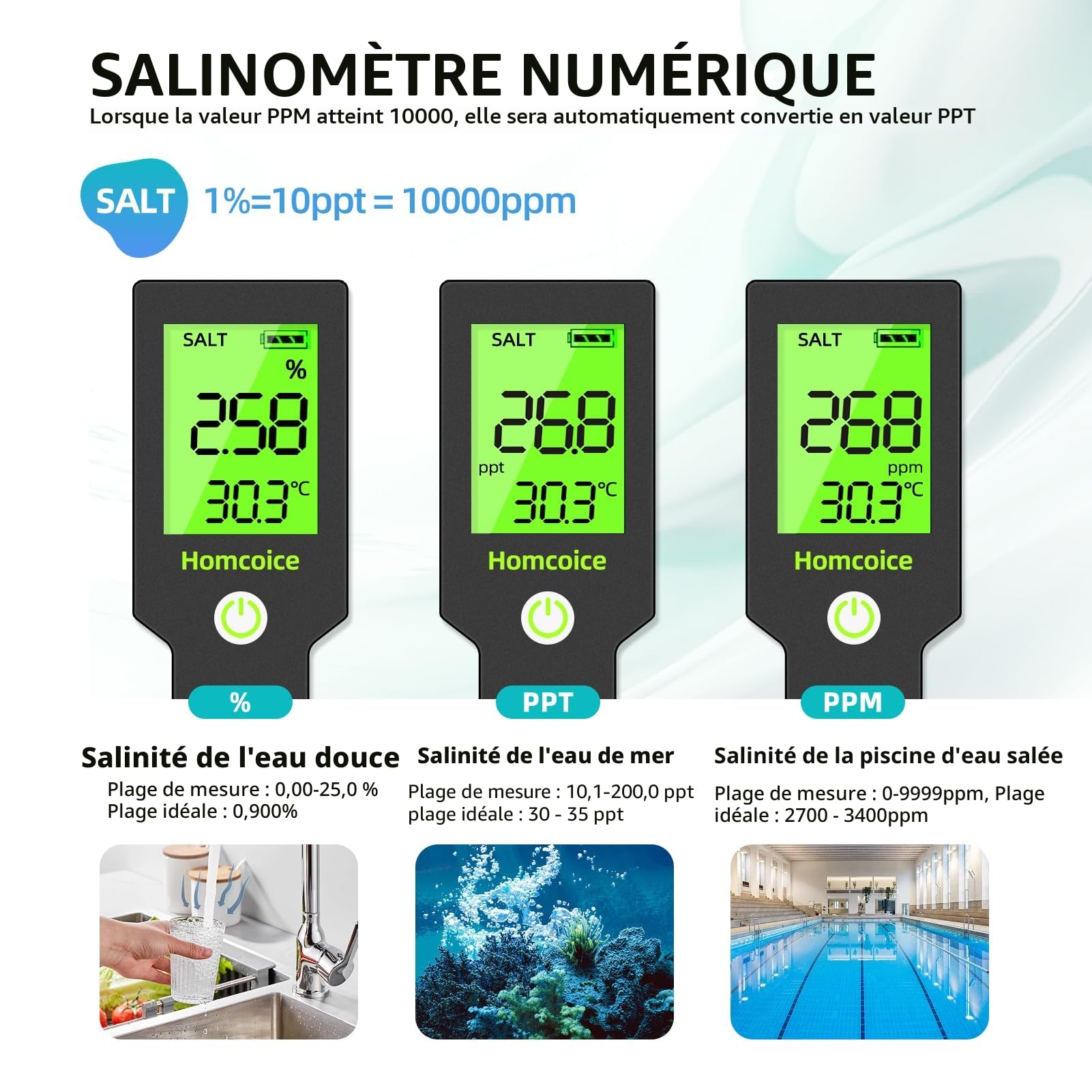 PH Mètre 5 en 1 Salinité TDS EC Température, Testeur pH Piscine IP67 Étanche, 0,01 haute précision Testeur Qualité Eau PH Mètre Piscine électronique avec fonction ATC