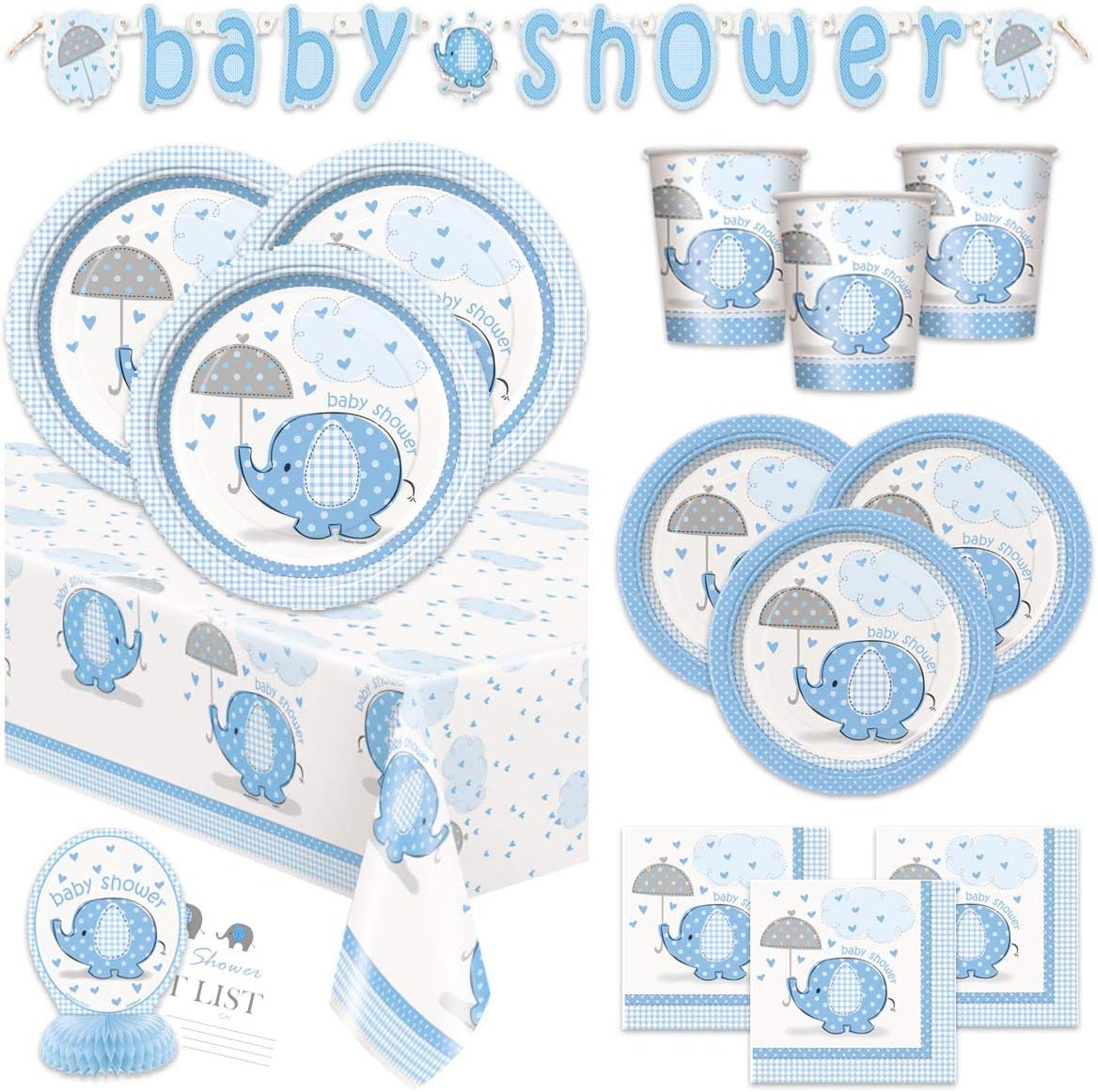 MSURTY AMOCHY Boy Baby Shower Party Supplies Set - Blue Elephant Design Includes Plates, Cups, Napkins, Tablecover, Banner Decorations (Deluxe - Serves 16)