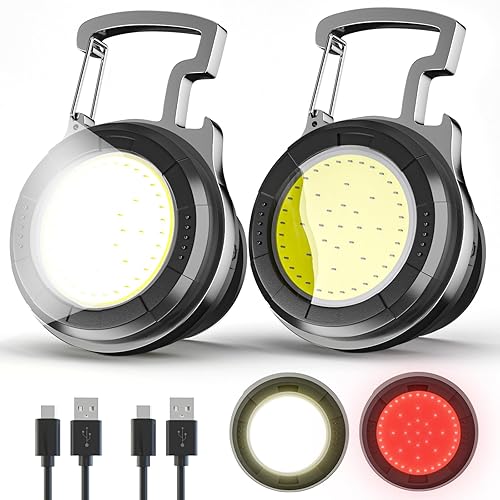 2 linternas pequeñas de llavero, 600 lúmenes LED recargable, mini linterna, 4 modos de luz, llavero COB, luz de bolsillo, con soporte plegable,