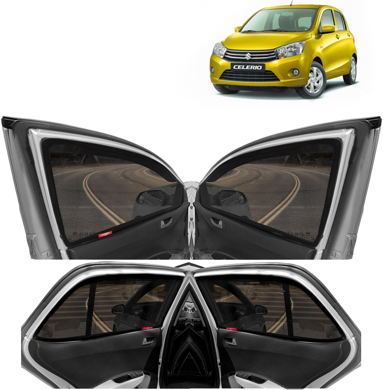 Kingsway Car Magnetic Sun Shades/Curtains for Maruti Suzuki Celerio (Model Year : 2014 Onwards) (Set of 4, Without Zipper, Cotton Mesh Fabric)
