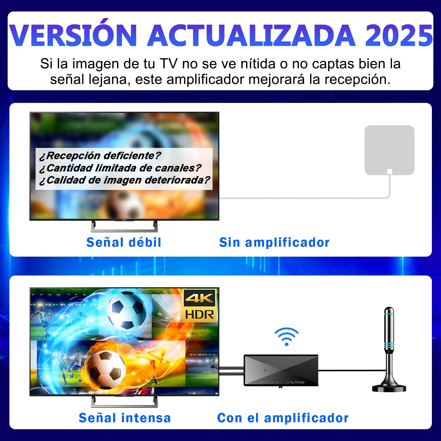 Amplificador de Señal Antena TV Interior 2026, Alta Ganancia Bajo Ruido, Mejora Recepción Digital HD 4K, Elimina Pixelado, Alimentación USB, Compatible con Smart TV y Todas Las Antenas Digitales
