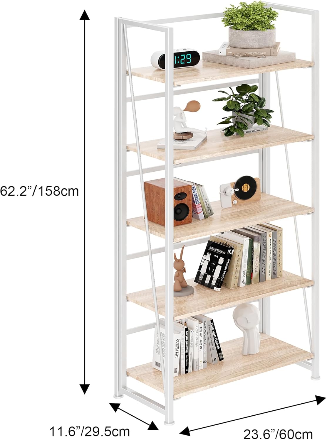 BHG Vintage Multifunctional Folding Bookshelf, No-Assembly Plant Stand Storage Rack Shelves for Home Office (White, 5-Tier)