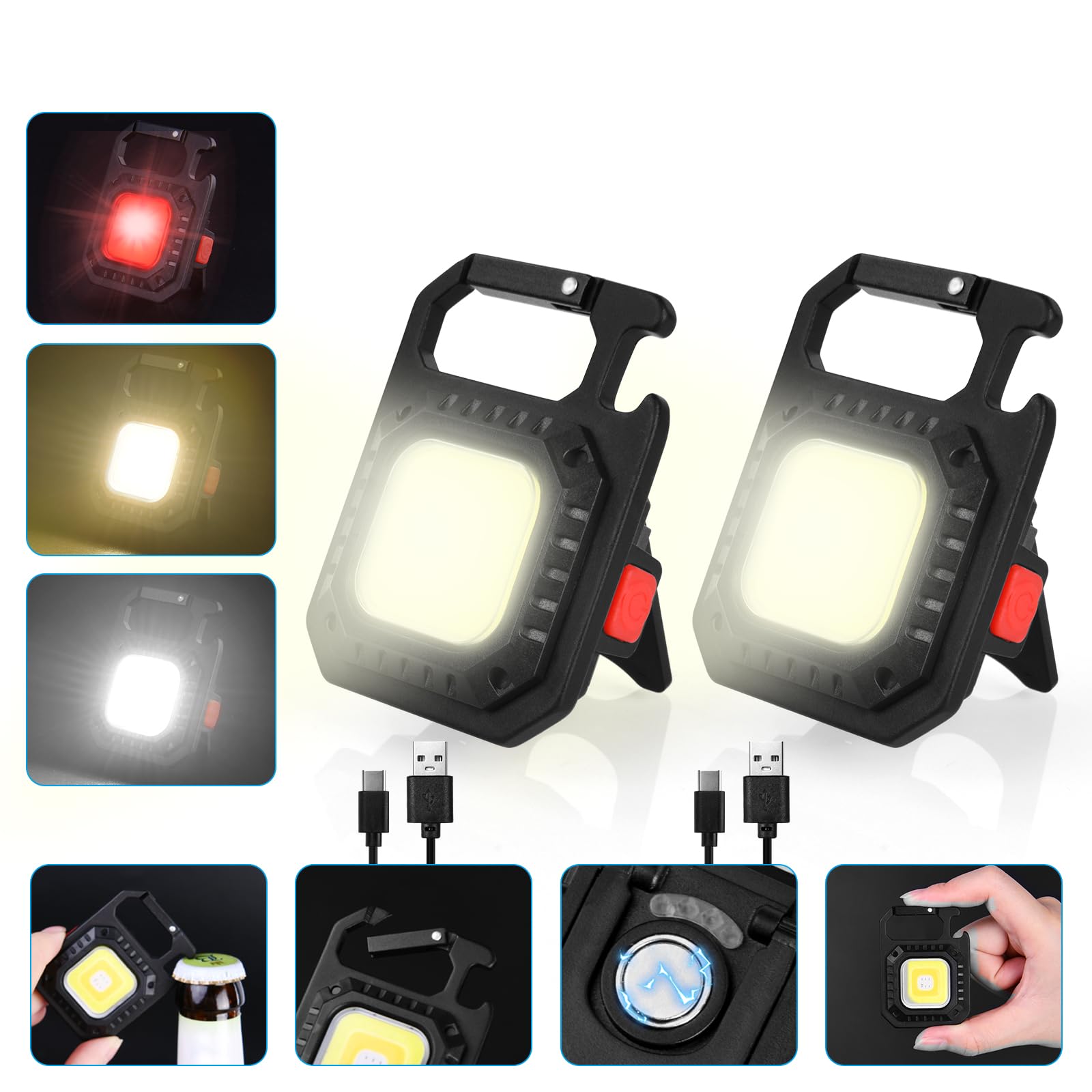 URAQT Mini LED, tryby 7 Mini latarka z brelokiem, 2 szt. Wielofunkcyjne światło magnetyczne, 800 lumenów, wodoodporne, z otwieraczem do butelek, podstawa magnetyczna, na kemping/naprawę/awarie