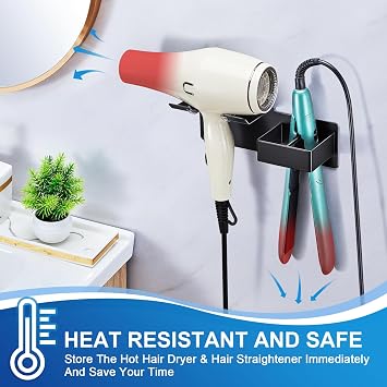 Hair Dryer Holder Wall Mounted, Hair Straightener Holder Metal, Adhesive Blow Dryer and Hair Straightener Holder, Bathroom Bedroom Hair Tool Organizer for Flat Iron,Curling Iron,Hairdryer (Black)