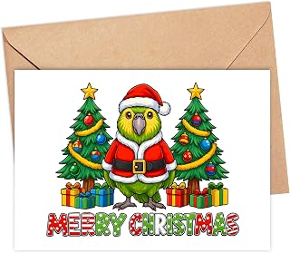 Kakapo Christmas Card 2025 - Santa Parrot Holiday Greeting With Festive Trees And Gift Boxes - Seasonal Collectible Holiday Card For Friends Family
