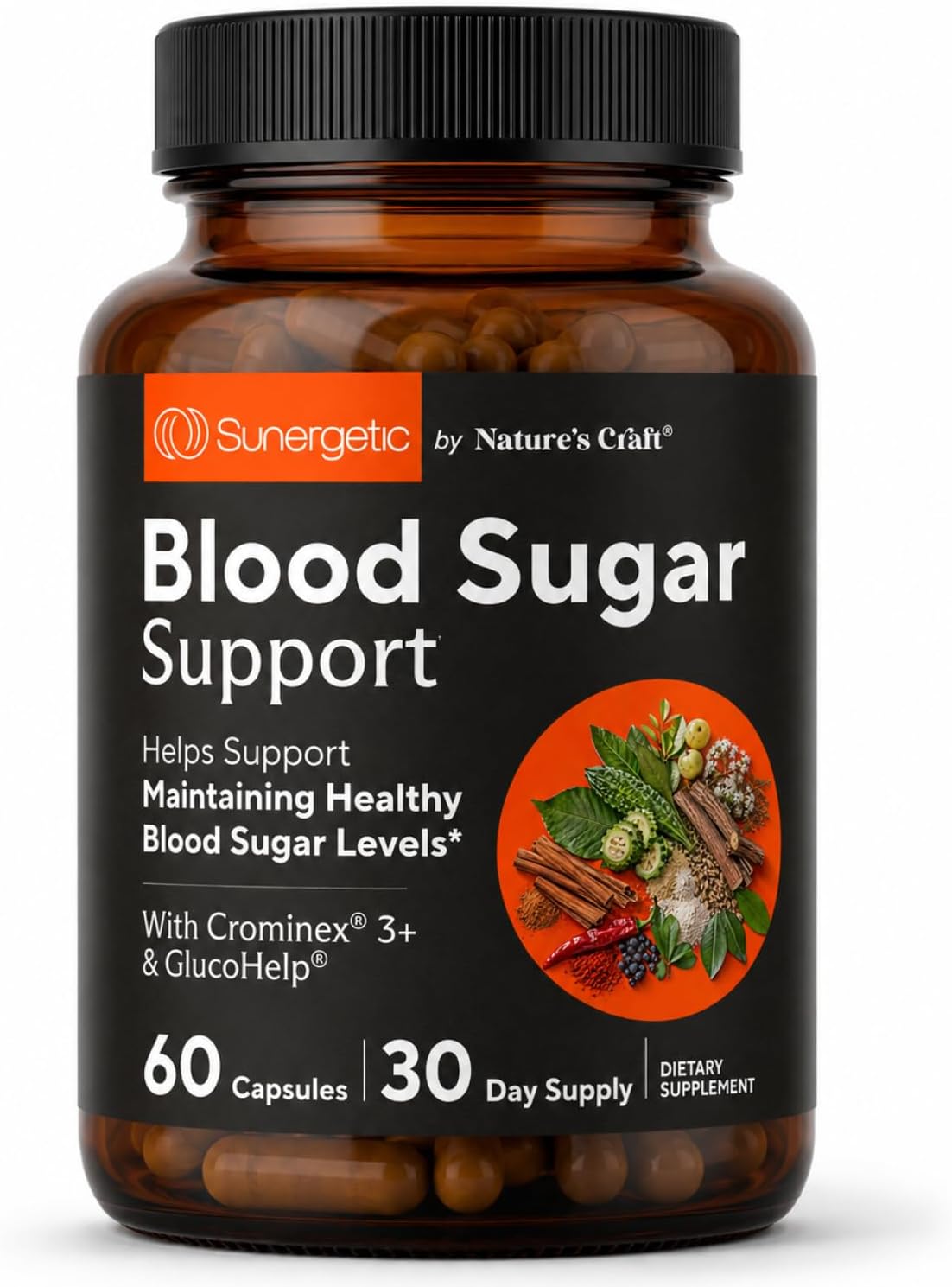 Sunergetic Premium Blood Sugar Support Supplement Helps Support Healthy Blood Sugar & Glucose Levels Includes Bitter Melon Extract, Vanadium, Chromium, Cinnamon, Alpha Lipoic Acid (60 Capsules)