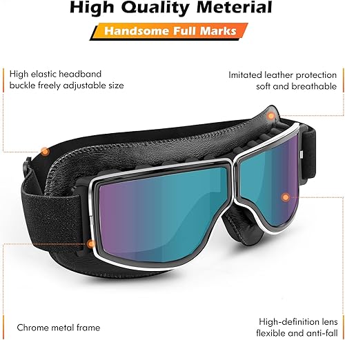 Miniatura 3 de BELINOUS Gafas de motocicleta para scooter, ATV todoterreno, gafas de cuero vintage estilo piloto