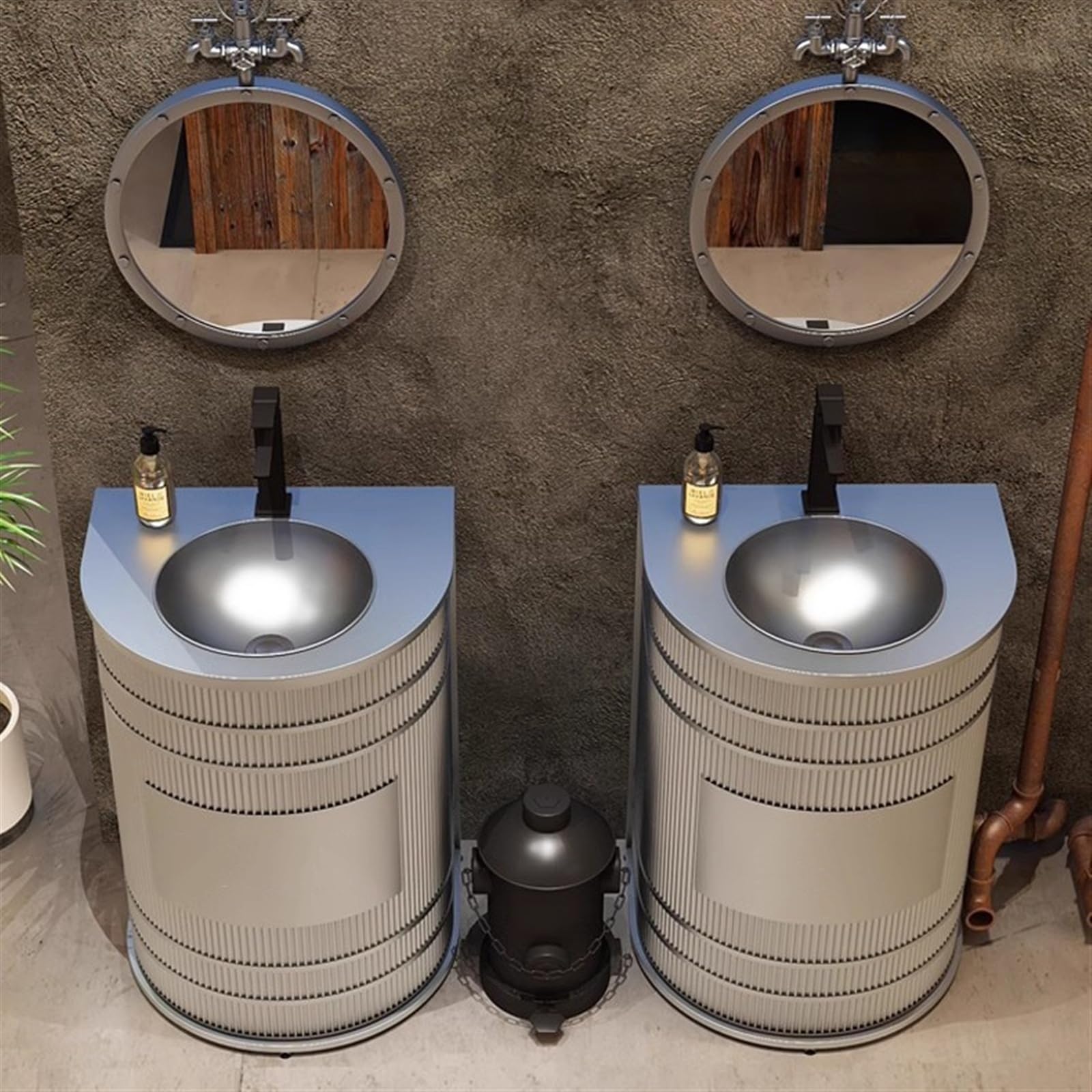 Fregadero de pie independiente con grifo y kit de drenaje, lavabo de metal en forma de D para baño, mueble de tocador de bar de estilo industrial