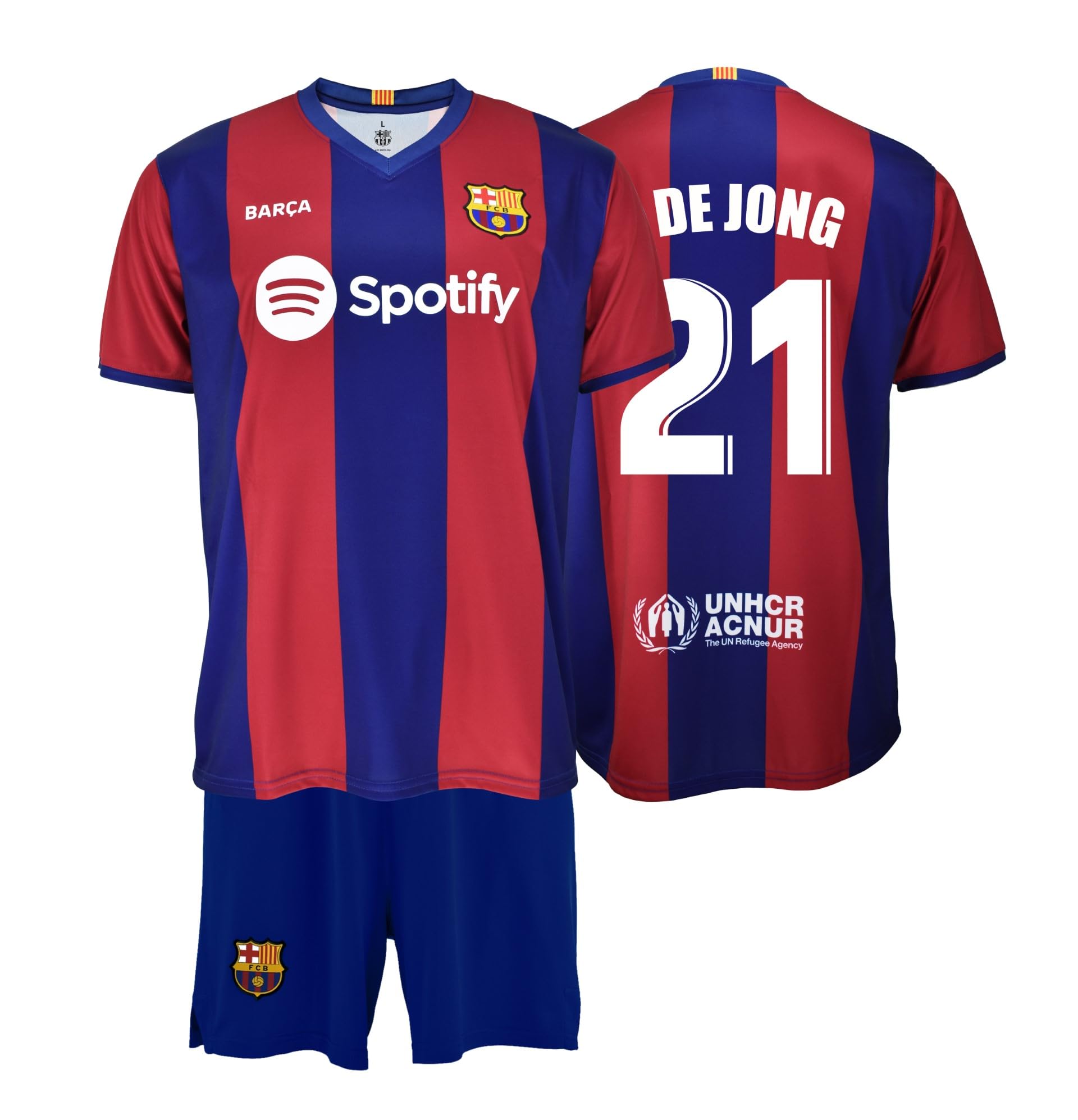 FCBFC Barcelona T-Shirt and Trousers Set 1st EQ 2023/24 - Replica with Official License - Back 21 DE Jong - Child Size 10, Blue/Wine Red, 10 Years