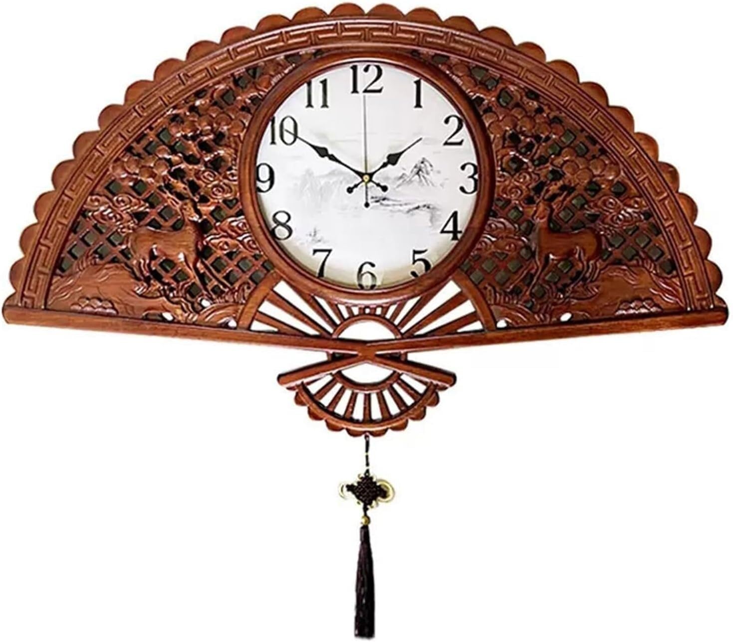 Dveggee One Color Wood Chinese Style Classical Household Living Room Fan-Shaped Mute Quartz Wall Clocks