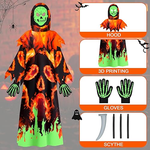 Miniatura 6 de Disfraz de parca de Halloween para niños que brilla en la oscuridad, disfraz de esqueleto aterrador con guadaña y máscara con capucha y guante