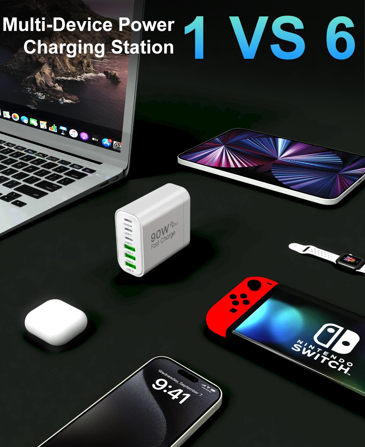 90W GaN USB C Charger Block [2 Pack],6-Port USB C Wall Charger Fast Charging 45W PD Power Adapter for MacBook Air/iPad Pro/iPhone 17Pro Max/Samsung Galaxy S24 Ultra/Tabs for Home Travel