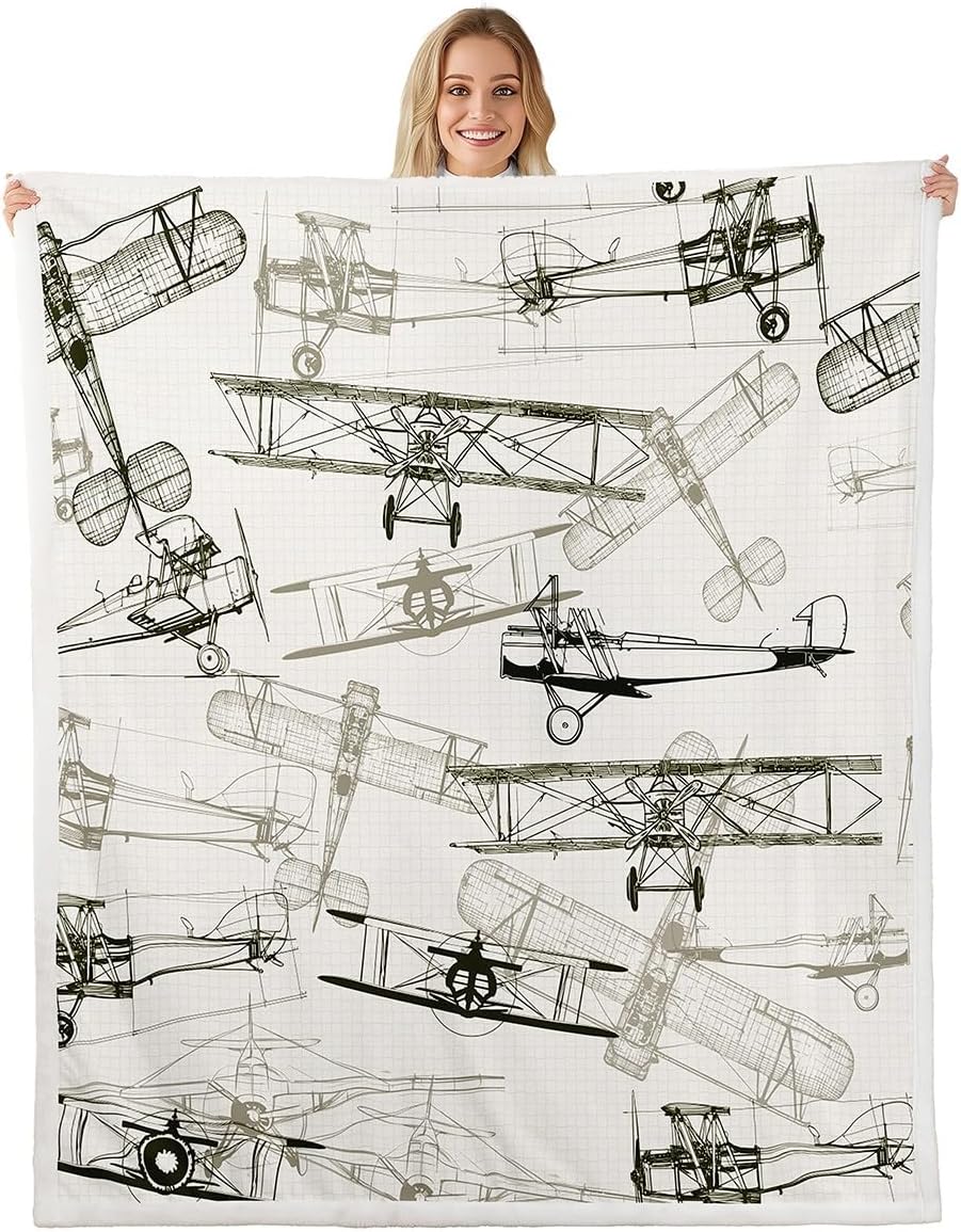 Aircraft Kids Throw Blanket,American Airplane Retro Bed Blanket for Girls Boys Adults,Air Vehicles Airplane Fleece Blanket,Beige Black Vintage Fuzzy Blanket,Twin Size (60 x 80 Inches)