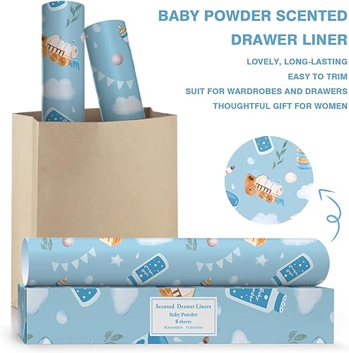 Vista 5 de SCENTORINI - Forros para cajones perfumados con aroma a talco de bebé, 6 hojas de papel fragante, hojas de papel no adhesivas para armario, cajones