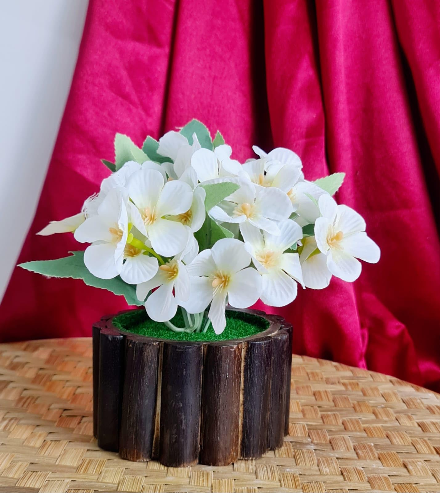 SATYAM KRAFT 1 Pc Artificial Flowers Bunch with Wooden Pot Flower Pot for Home Decor, Living Room, Gifting, Table Top, Showpiece, outdoor, balcony, Raksha Bandhan(Pack of 1)(with Pot) (Model 4)