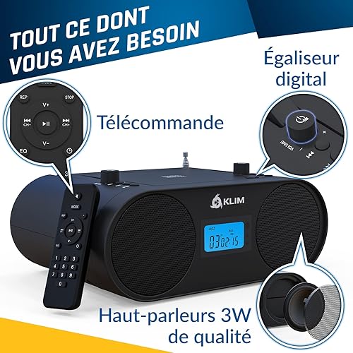 Miniatura 6 de KLIM Boombox - Reproductor de CD B4 Sistema de audio portátil - Nuevo 2023 - Radio AMFM con reproductor de CD MP3 Bluetooth AUX USB - Batería