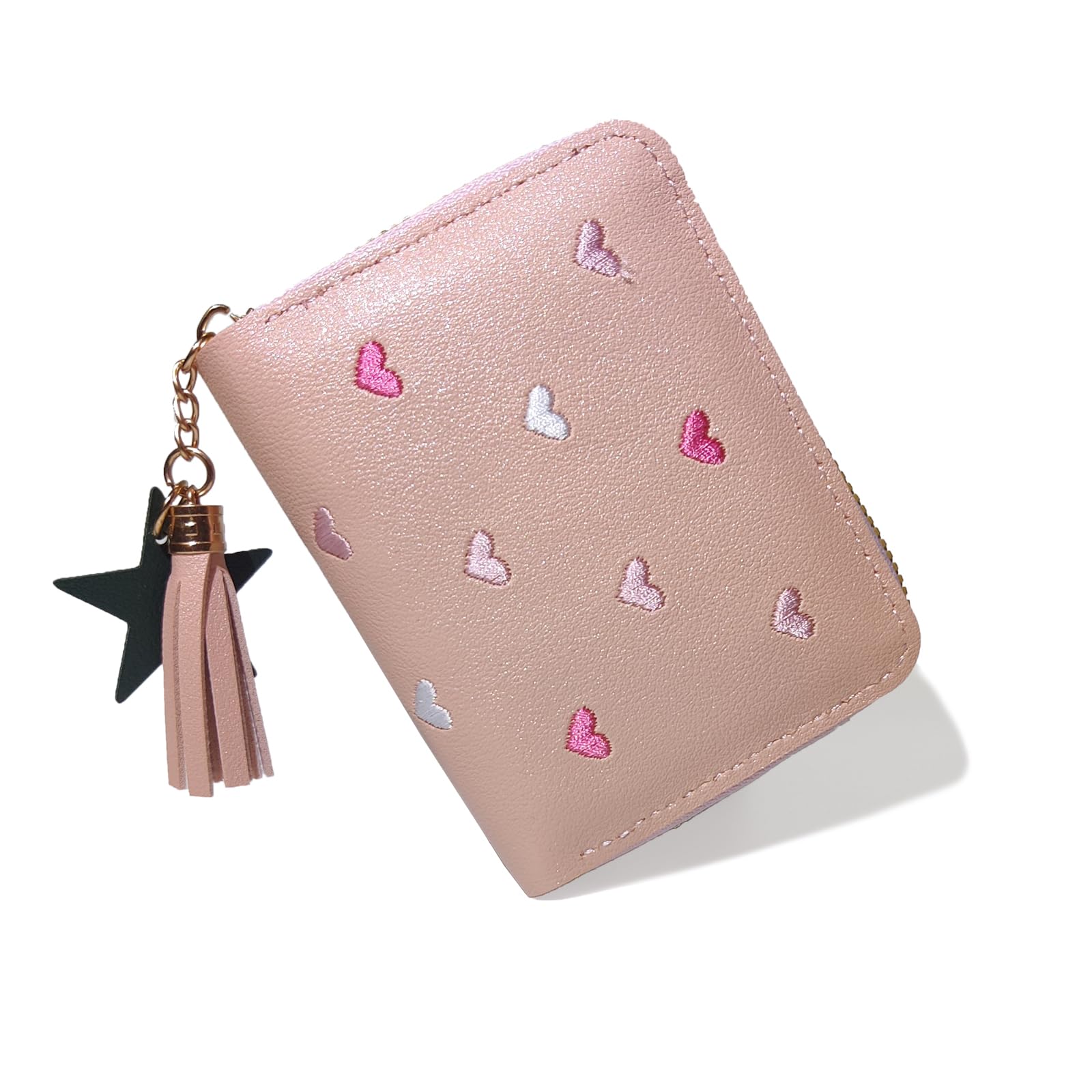 StillvollMao Coin Purse, PU Leather Change Purse Small Wallet for Women Credit Card ID Card Holder with Heart Embroidered patterns and Cute Pendant (