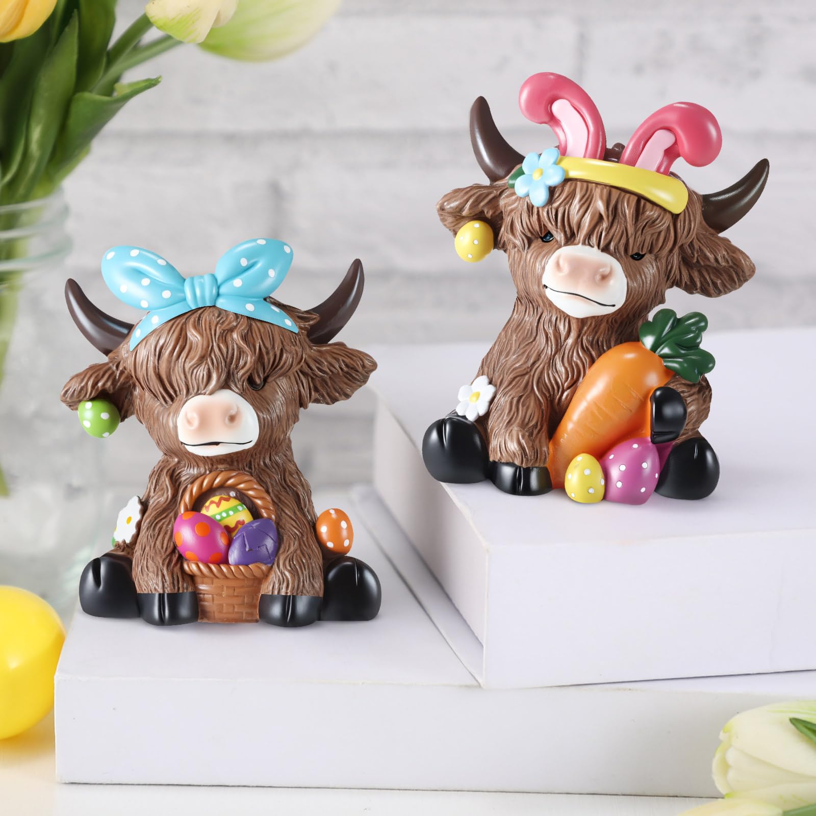 Karenhi 2 statuette di mucca delle Highland pasquali gnomi scozzesi in resina, statua di vitello, regali per Pasqua, casa, giardino, cucina, ufficio, vassoio a più livelli decorazione da tavolo
