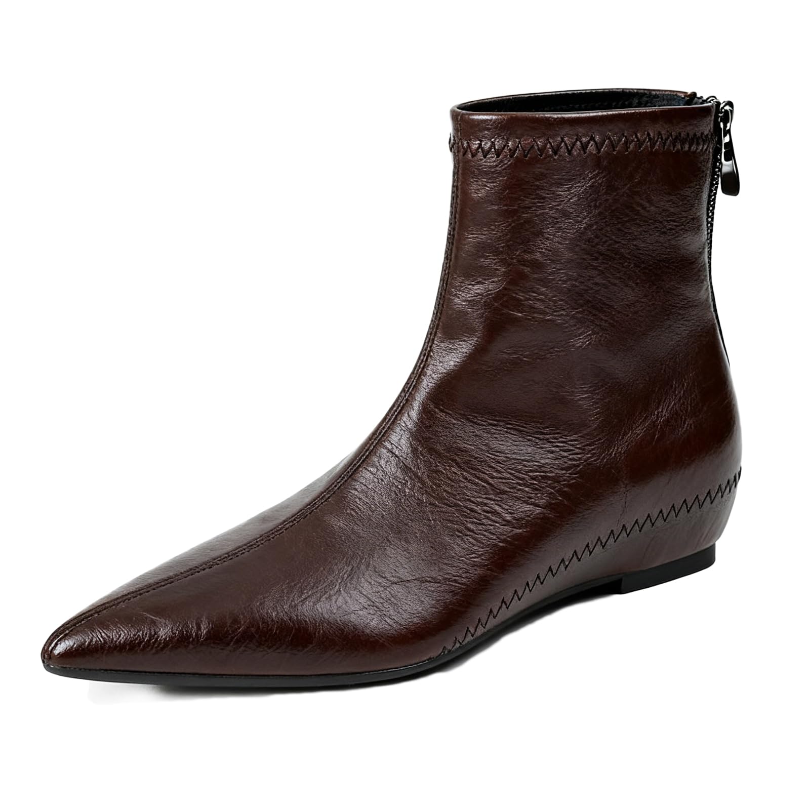 Womens Leather Fall Flat Chelsea Ankle Boots Sexy Pointed-toed Back Zipper Comfortable Internal Height Increase Dress Short Booties