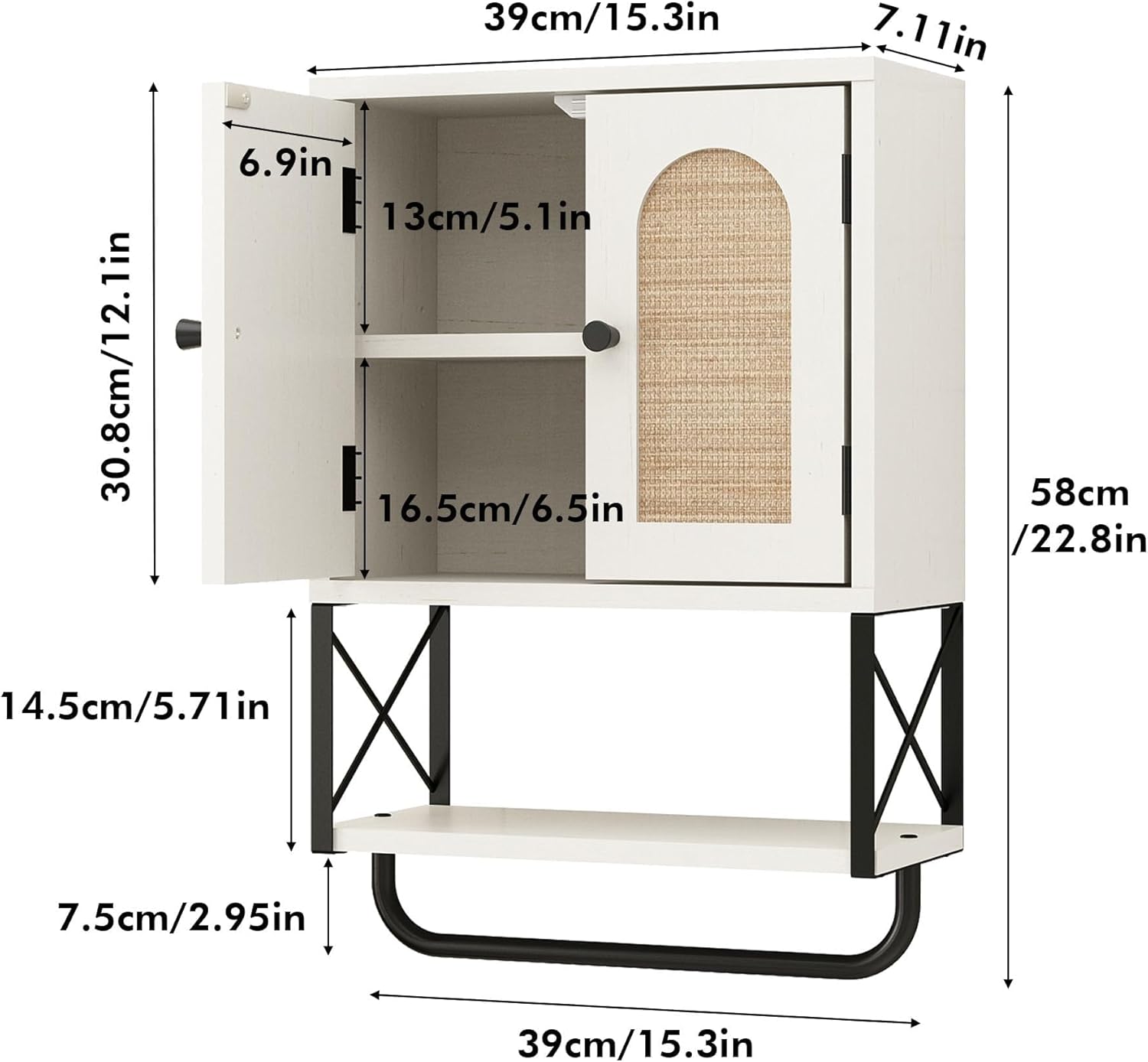 rustown rattan bathroom wall cabinet, boho over the toilet storage cabinet with arched rattan doors, modern medicine cabinet with adjustable shelves & towel bar(vintage white,small) vintage white small