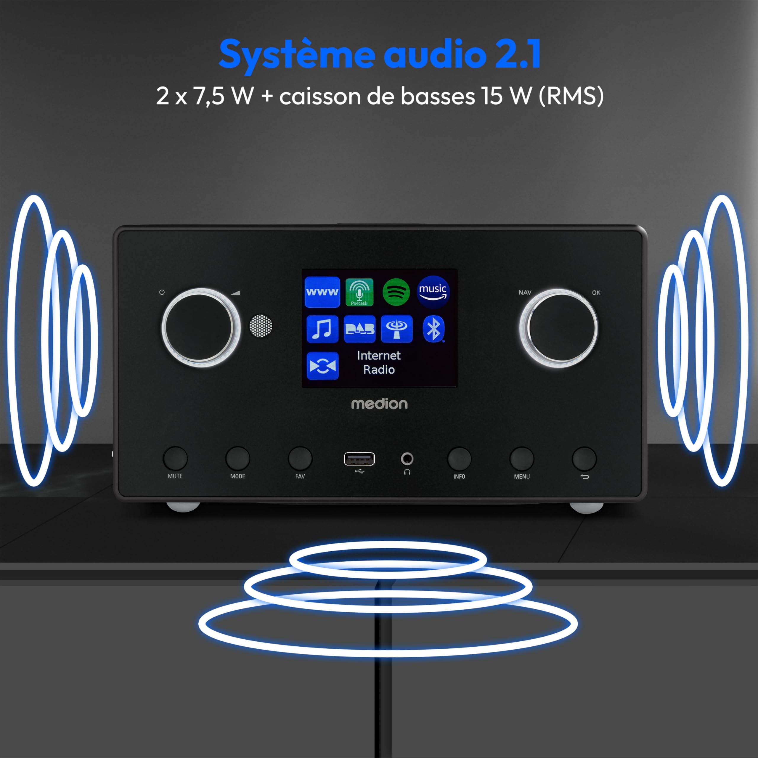 MEDION P85444 2.1 Radio Internet avec Subwoofer (Dab+, Radio FM, Spotify, WiFi, Bluetooth, Streaming, égaliseur, écran Couleur, USB, AUX, Réveil, Fonction Snooze, Sleep Timer) Titane