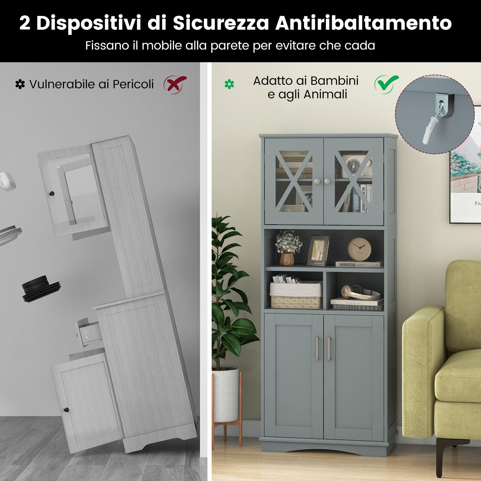 COSTWAY Mobile Bagno, Armadietto Salvaspazio con Porte in Acrilico, Ripiani Regolabili e Ampio Scomparto, Armadio da Terra in Legno per Soggiorno, Camera da Letto, Salotto e Cucina (Grigio)