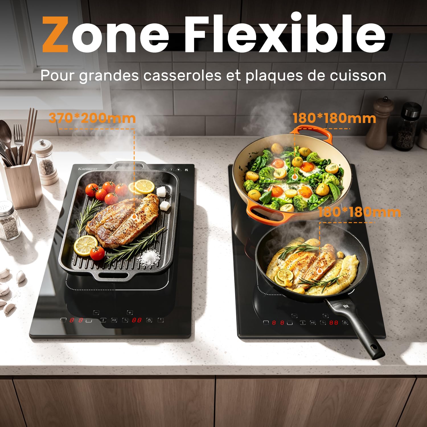 Karinear Plaque à Induction 2 Feux avec Prise, Table de Cuisson Induction Encastrable 30CM avec Zone Flexible, Commande Tactile, Minuteur, Fonction Pause, Verrouillage de Sécurité, 3500W, 220V