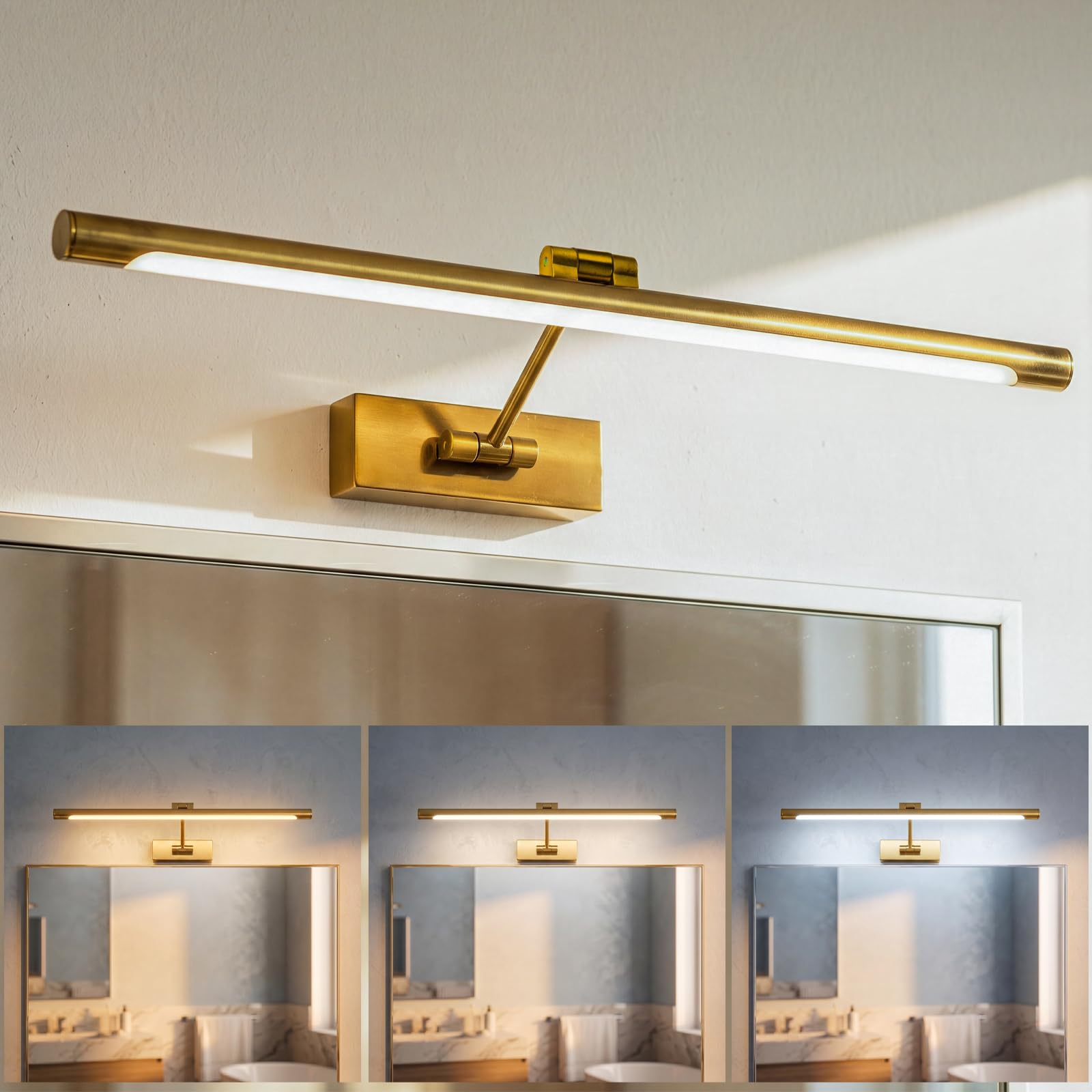 Lampada a LED per specchio da bagno, 3 temperature di colore, applique da parete sopra lo specchio, 60cm, 12 W, IP44, 650 lumen, oro, illuminazione moderna per specchio, lampada da parete per specchio