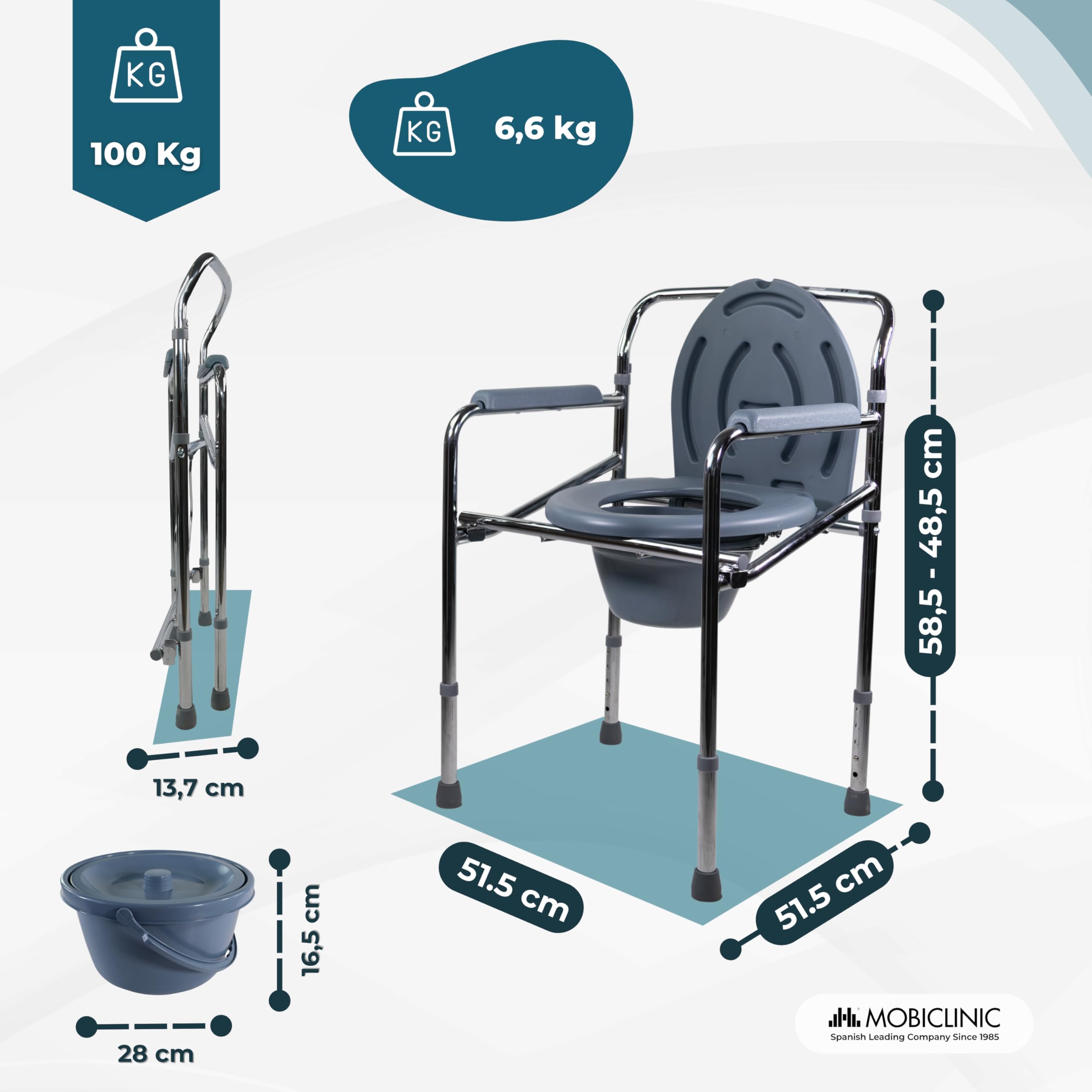 Mobiclinic®, Chaise percée, Pot, Acier, Réglable en hauteur, Puente, Toilette avec couvercle, Accoudoirs rembourrés, Pieds antidérapants, Máx. 100 Kg, Gris