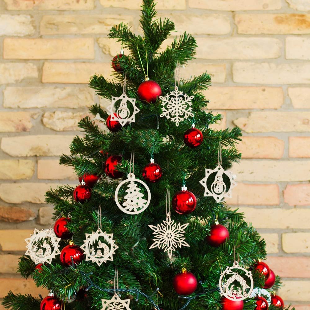 Wooden Christmas Ornaments Unfinished, Kids Unpainted Christmas Crafts Cutouts 102pcs, DIY Blank Predrilled Wood Slices for Holiday Hanging Decorations