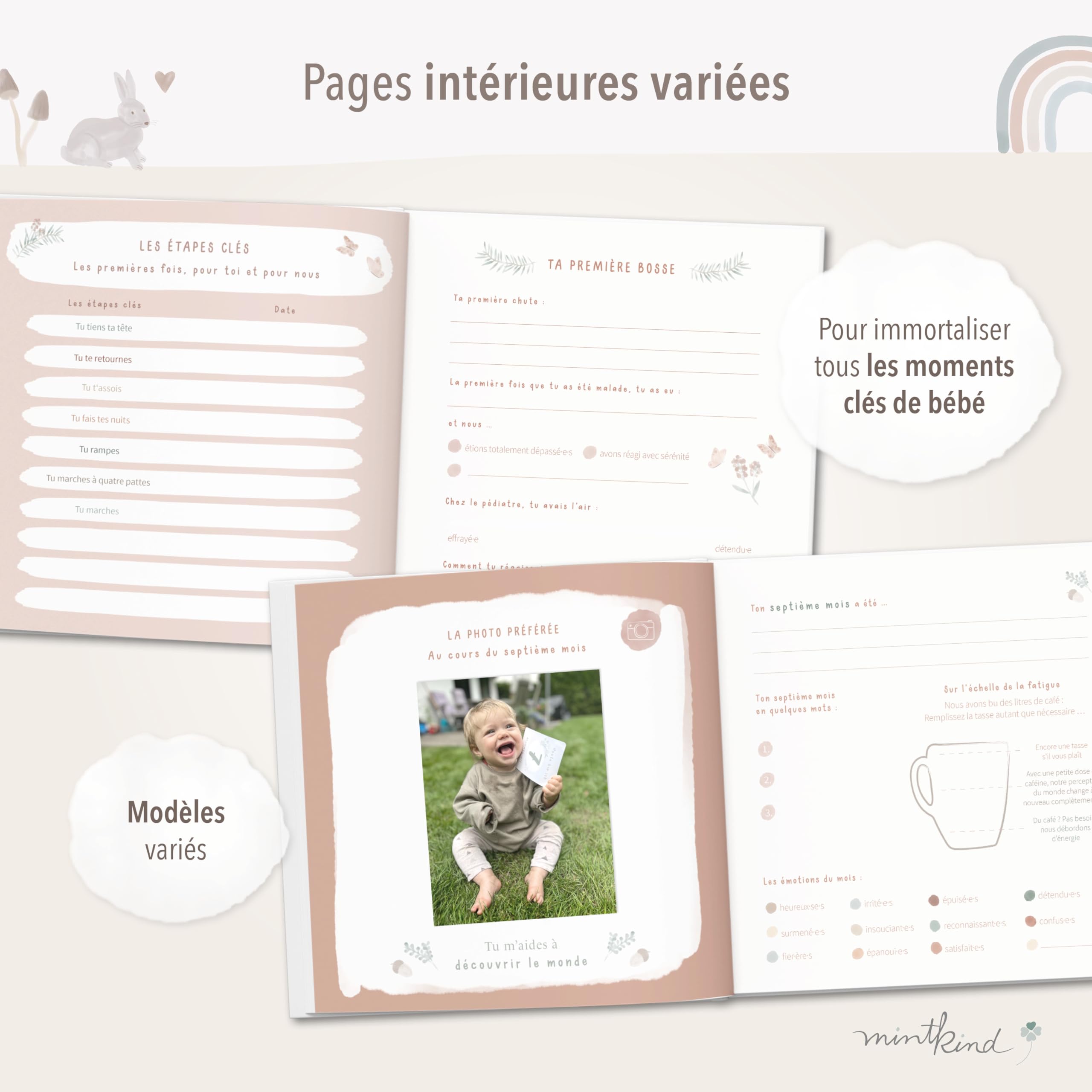 Livre naissance bébé mintkind® "Ma première année" forêt | Livre de naissance personnalisé | Cadeau nouveau-né pour fille et garçon | Journal de naissance à partir de 0 mois | Album de naissance