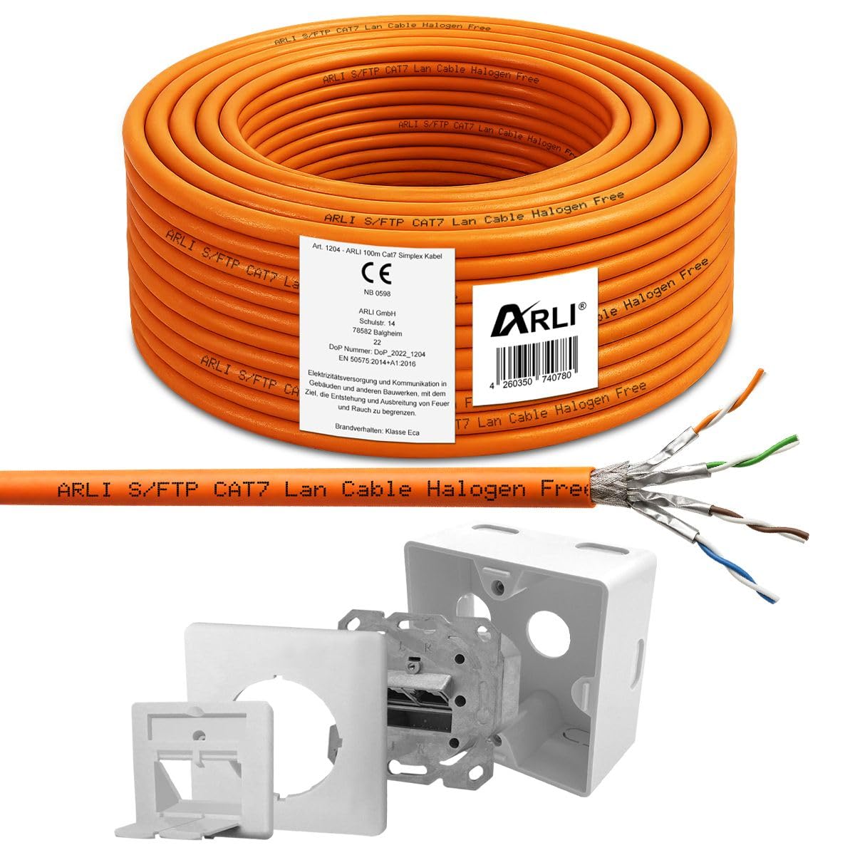 ARLI Cat7 Verlegekabel Netzwerkkabel CAT.7 + 1x Cat6a Netzwerkdose Halogenfrei SFTP S/FTP CAT7 PIMF Kabel Netzwerk 100 m