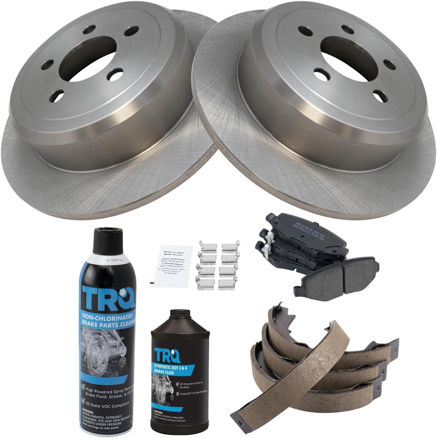 TRQ Rear Brake Pad & Rotor Kit Brake Chemical Kit Brake Pads Brake Rotor Parking Brake Shoe Set Semi-Metallic Compatible with 2007-2011 Dodge Nitro 2008-2012 Jeep Liberty
