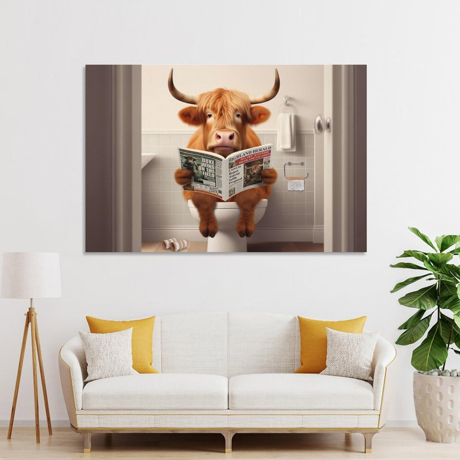 Junmoney Unframe-Style-14 Funny Highland Cow Toilet Wall Art Print 24X36inch(60X90cm), For Lounge, Study, Hallway Or Flat Walls, Decorative Artwork With Broad Appeal