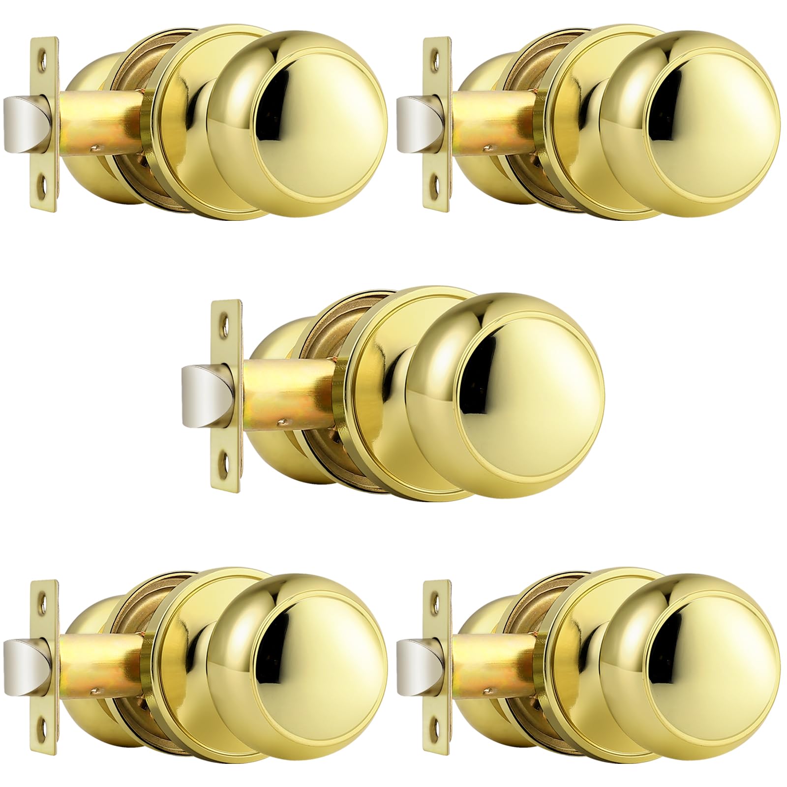 Probrico Passage Door Knobs Polished Brass Interior Hall/Closet Door Handles Keyless Locksets, 5 Pack