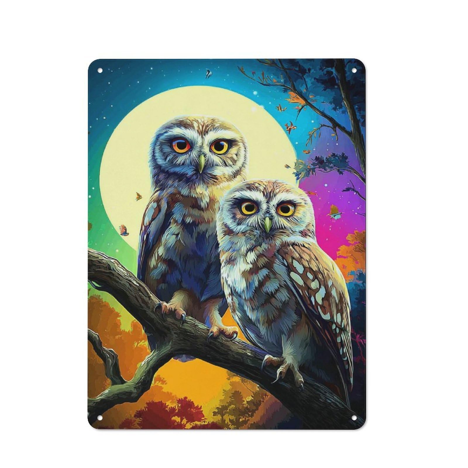 Retro Metal Plaque 40x30cm Featuring Owls Under The Moonlit Sky -1, Bistro Wall Plaque for Bakery, Diner, Cafe Or Family Room