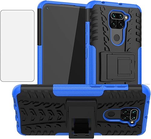 Funda de teléfono para Xiaomi Redmi Note 9 con protector de pantalla de vidrio templado y soporte Soporte rígido resistente híbrido protector