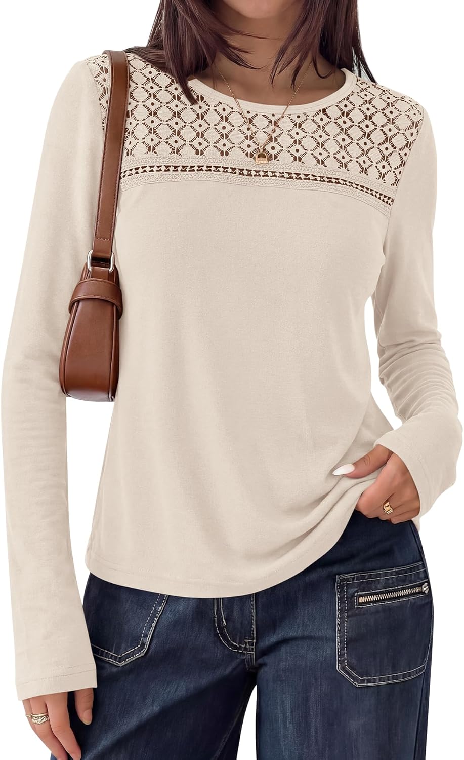 BTFBM Lace Long Sleeve Shirts Womens Tops Dressy Casual Knit Boho Lightweight Blouses Winter Clothing Fall Fashion