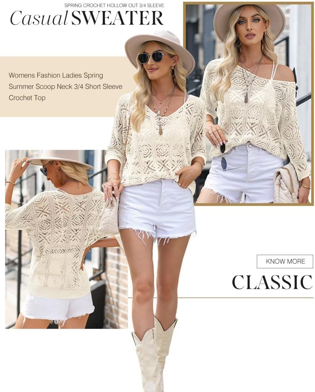 Dokotoo Women's 2026 Spring Summer Crochet Hollow Out 3/4 Sleeve Pullover Sweater Off Shoulder T-Shirts - Image 3