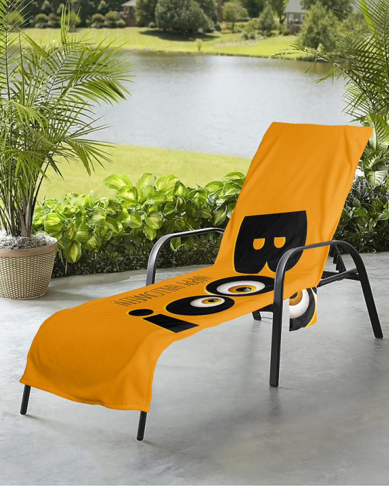 Halloween Beach Chair Towel Covers for Chaise Lounge With Side Pocket, Soft Plush Pool Towels Cover for Patio Sunbathing Outdoor 29''x85'' Orange Spooky Horror Ghost