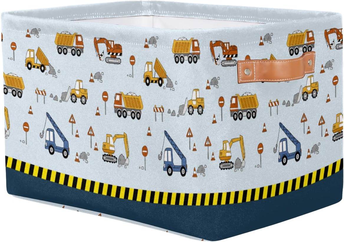 Construction Vehicle Storage Basket with Leather Handles, Truck Themed Decorative Storage Bin for Boys Room, Nursery, Playroom, Foldable Organizer for Toys, Books, Kids Essentials, Kids Room Decor