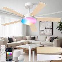 Smart Ceiling Fan with Light,RGBCW 52" Low Profile Ceiling Fan with Light and Remote,Alexa/Google/App Control,Reversible DC Motor,Dimmable,2500lm,Quiet Fan for Bedroom,Living Room White