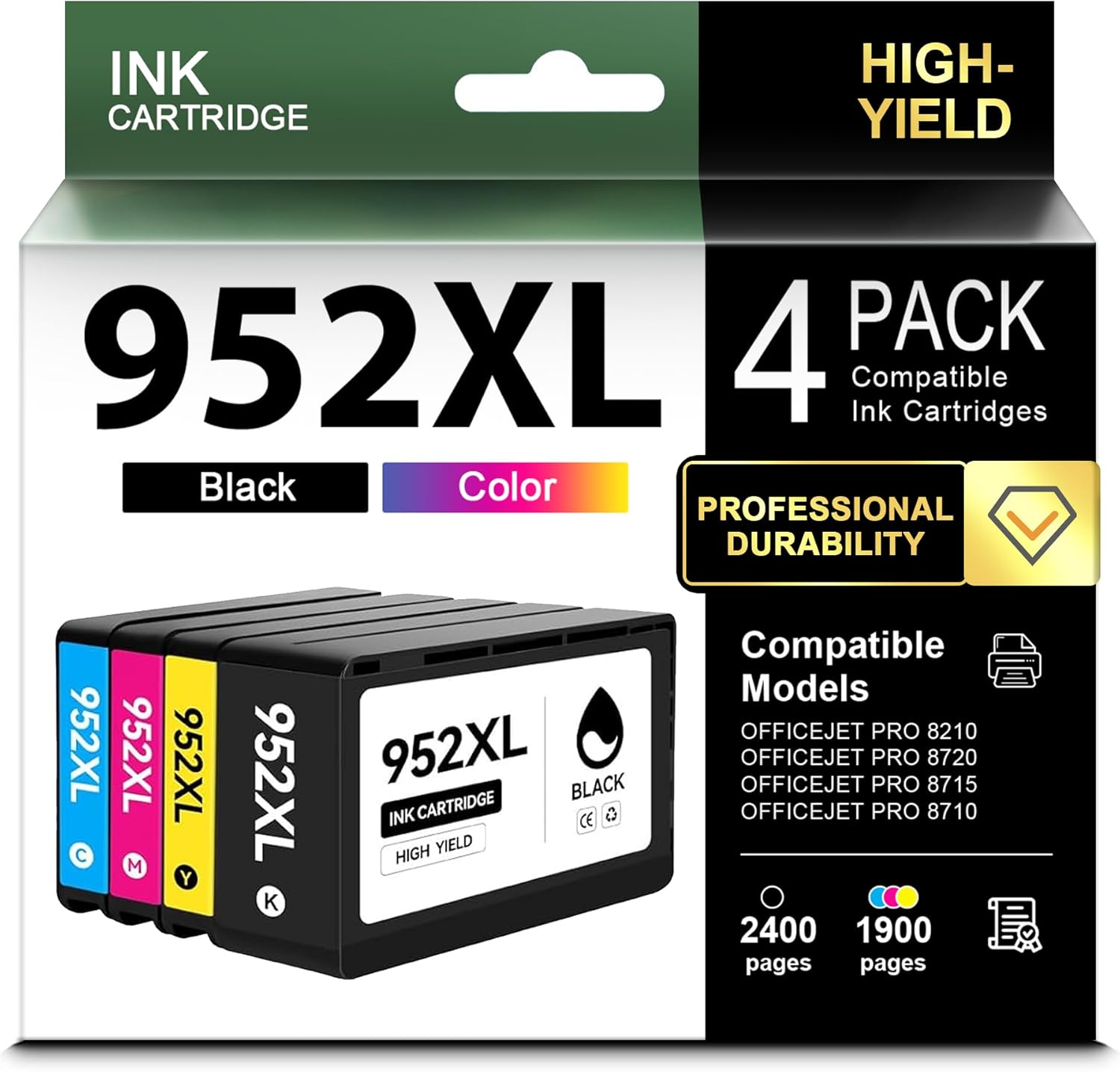 952XL Ink Cartridges High Yield (4-Pack, Black/Cyan/Magenta/Yellow) Compatible 952XL Ink Cartridges Replacement for 952XL Ink Cartridge for OfficeJet Pro 8710 8210 8715 8720 8702 7740 Printer