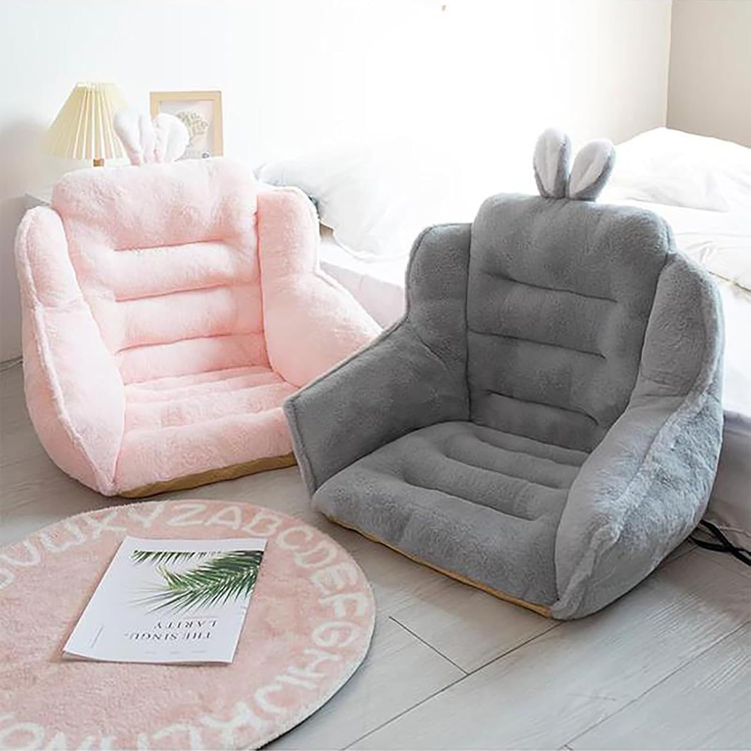 Cuscino riscaldato per sedia, con orecchie da coniglio, design con orecchie da coniglio, in velluto, con lacci, supporto per vita e schienale, perfetto per sedie da ufficio