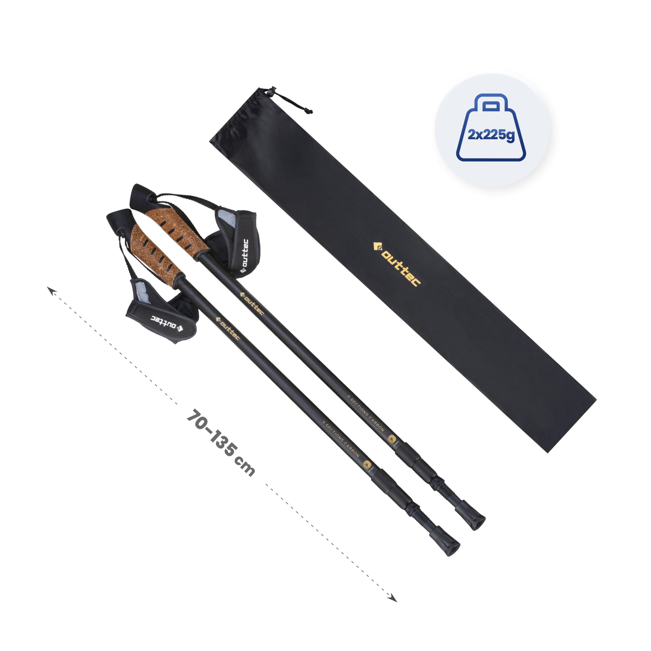 Bâtons de randonnée en Carbone Ultra légers, Réglables Bâtons de Marche Nordique 70-135 cm avec Bouchon en Caoutchouc, Bâton de Trekking Monobloc avec Tampon en Caoutchouc pour Homme et Femme